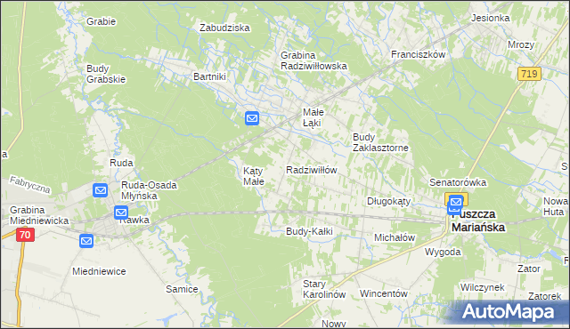 mapa Radziwiłłów gmina Puszcza Mariańska, Radziwiłłów gmina Puszcza Mariańska na mapie Targeo
