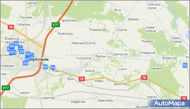 mapa Raków gmina Jędrzejów, Raków gmina Jędrzejów na mapie Targeo