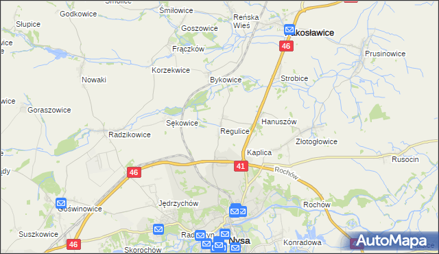 mapa Regulice gmina Nysa, Regulice gmina Nysa na mapie Targeo