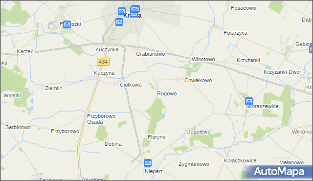 mapa Rogowo gmina Krobia, Rogowo gmina Krobia na mapie Targeo