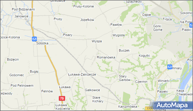 mapa Romanówka gmina Dwikozy, Romanówka gmina Dwikozy na mapie Targeo