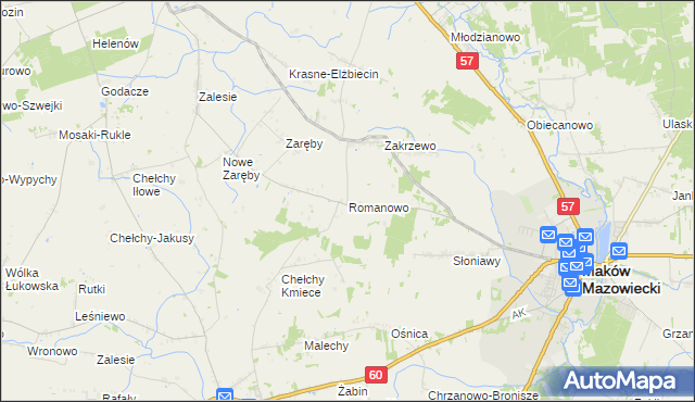 mapa Romanowo gmina Karniewo, Romanowo gmina Karniewo na mapie Targeo
