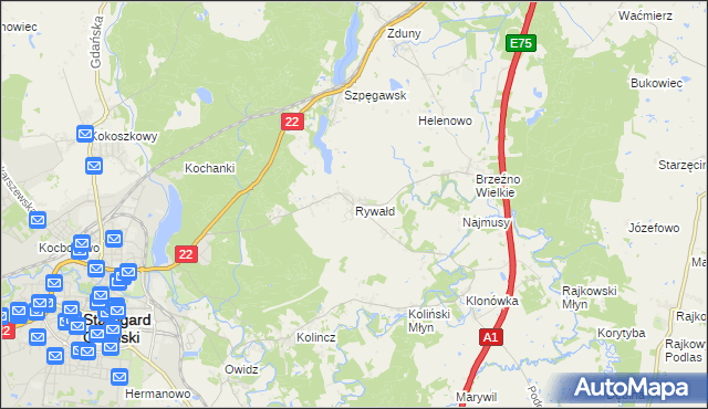 mapa Rywałd gmina Starogard Gdański, Rywałd gmina Starogard Gdański na mapie Targeo