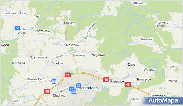 mapa Rzędowice gmina Dobrodzień, Rzędowice gmina Dobrodzień na mapie Targeo