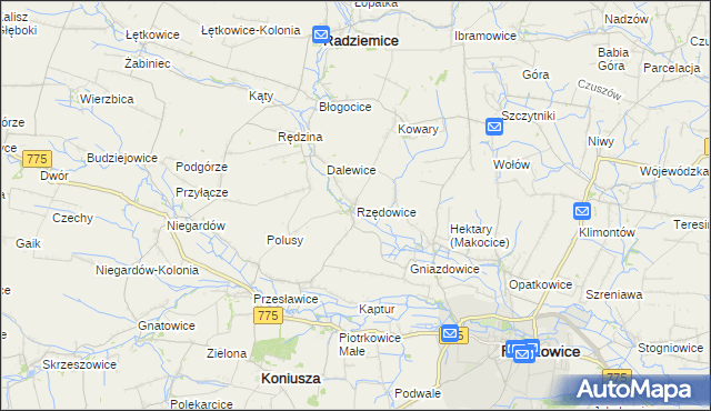 mapa Rzędowice gmina Koniusza, Rzędowice gmina Koniusza na mapie Targeo