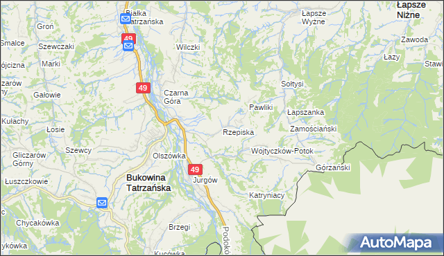 mapa Rzepiska gmina Bukowina Tatrzańska, Rzepiska gmina Bukowina Tatrzańska na mapie Targeo