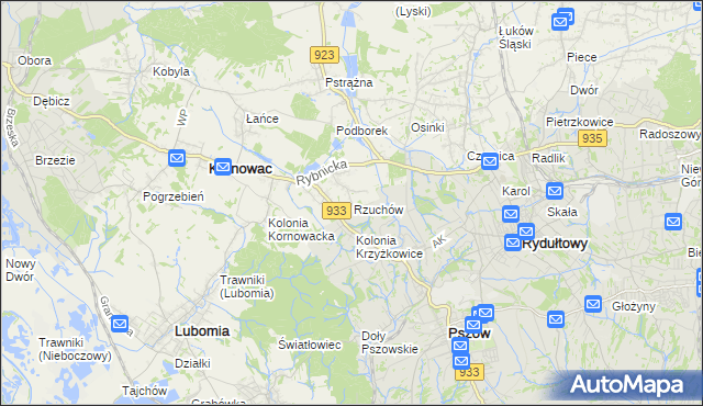 mapa Rzuchów gmina Kornowac, Rzuchów gmina Kornowac na mapie Targeo