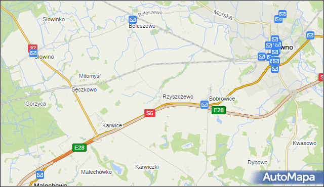 mapa Rzyszczewo gmina Sławno, Rzyszczewo gmina Sławno na mapie Targeo