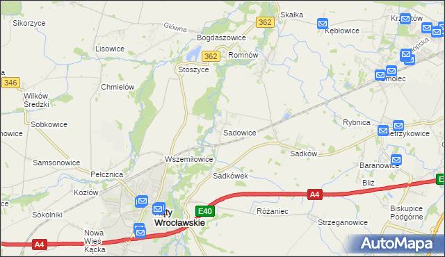 mapa Sadowice gmina Kąty Wrocławskie, Sadowice gmina Kąty Wrocławskie na mapie Targeo