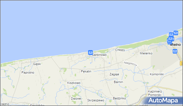 mapa Sarbinowo gmina Mielno, Sarbinowo gmina Mielno na mapie Targeo