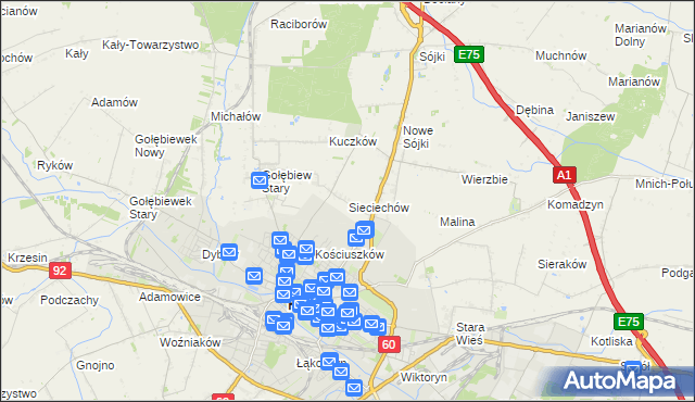 mapa Sieciechów gmina Kutno, Sieciechów gmina Kutno na mapie Targeo