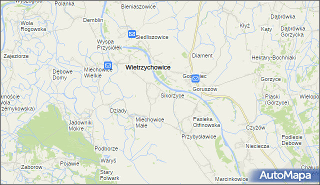 mapa Sikorzyce gmina Wietrzychowice, Sikorzyce gmina Wietrzychowice na mapie Targeo