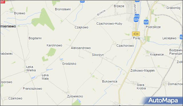 mapa Sikorzyn gmina Gostyń, Sikorzyn gmina Gostyń na mapie Targeo
