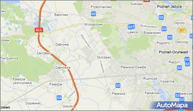mapa Skórzewo gmina Dopiewo, Skórzewo gmina Dopiewo na mapie Targeo