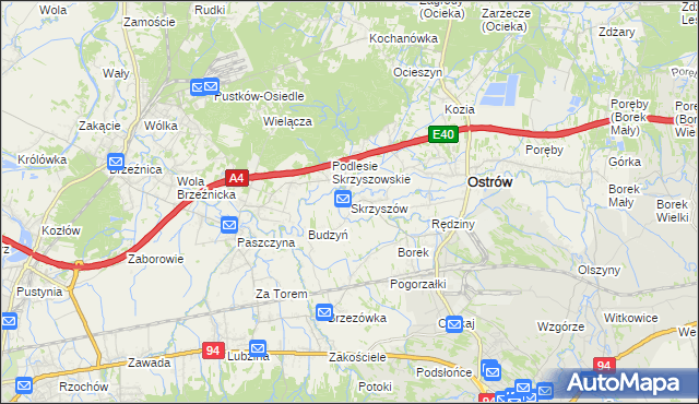 mapa Skrzyszów gmina Ostrów, Skrzyszów gmina Ostrów na mapie Targeo