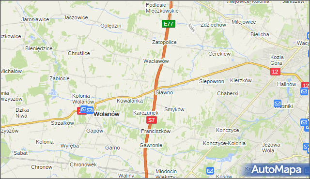 mapa Sławno gmina Wolanów, Sławno gmina Wolanów na mapie Targeo
