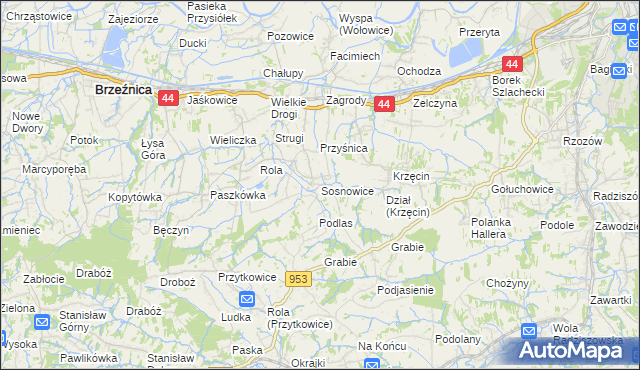mapa Sosnowice gmina Brzeźnica, Sosnowice gmina Brzeźnica na mapie Targeo