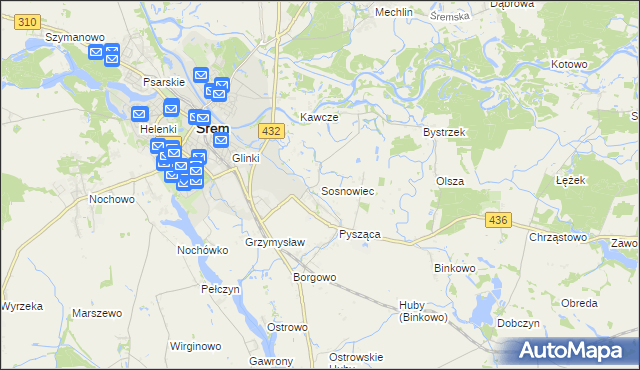 mapa Sosnowiec gmina Śrem, Sosnowiec gmina Śrem na mapie Targeo