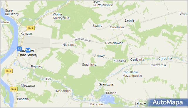 mapa Spławy gmina Józefów nad Wisłą, Spławy gmina Józefów nad Wisłą na mapie Targeo