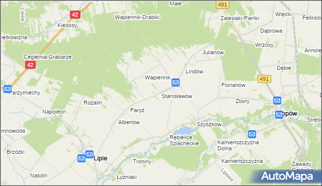 mapa Stanisławów gmina Lipie, Stanisławów gmina Lipie na mapie Targeo