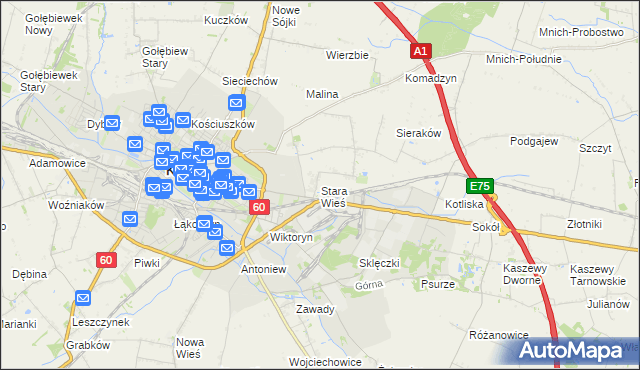 mapa Stara Wieś gmina Kutno, Stara Wieś gmina Kutno na mapie Targeo