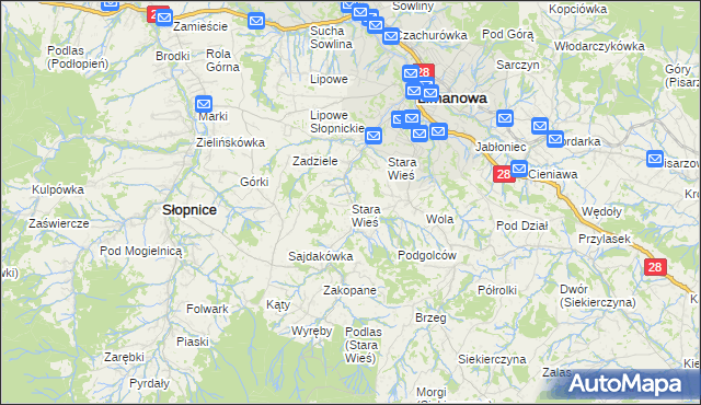 mapa Stara Wieś gmina Limanowa, Stara Wieś gmina Limanowa na mapie Targeo