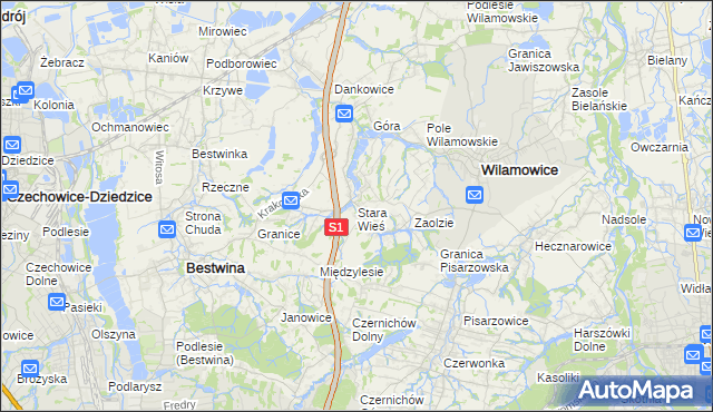 mapa Stara Wieś gmina Wilamowice, Stara Wieś gmina Wilamowice na mapie Targeo