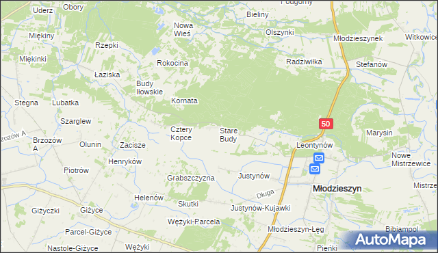 mapa Stare Budy gmina Młodzieszyn, Stare Budy gmina Młodzieszyn na mapie Targeo