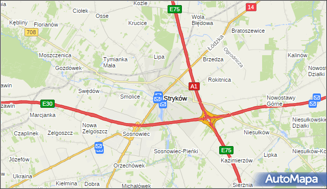 mapa Stryków powiat zgierski, Stryków powiat zgierski na mapie Targeo