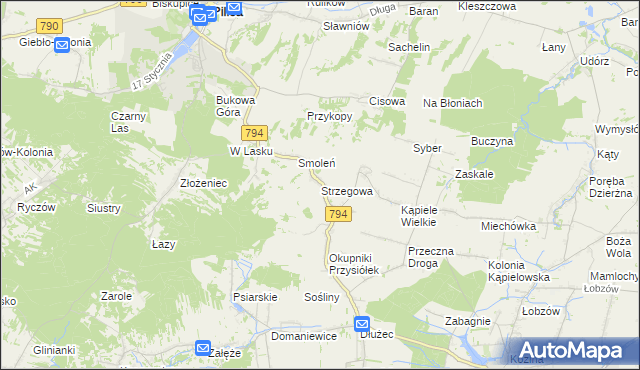 mapa Strzegowa gmina Wolbrom, Strzegowa gmina Wolbrom na mapie Targeo