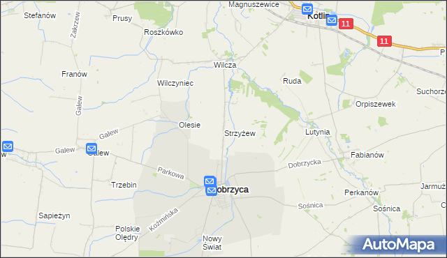 mapa Strzyżew gmina Dobrzyca, Strzyżew gmina Dobrzyca na mapie Targeo