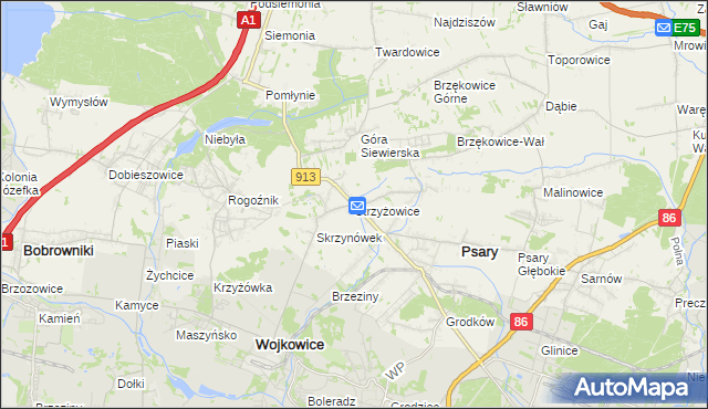 mapa Strzyżowice gmina Psary, Strzyżowice gmina Psary na mapie Targeo