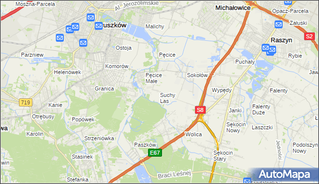 mapa Suchy Las gmina Michałowice, Suchy Las gmina Michałowice na mapie Targeo