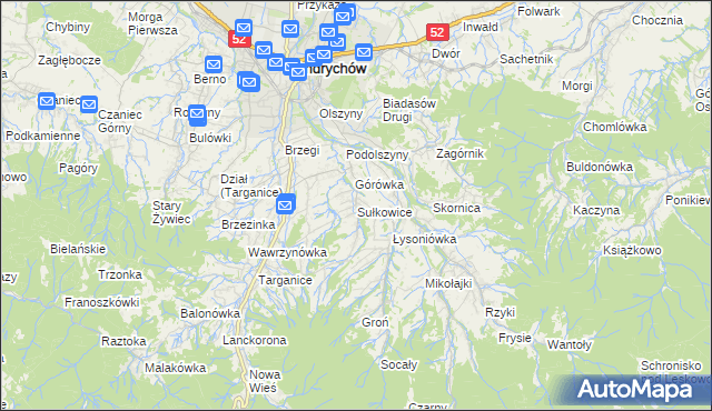 mapa Sułkowice gmina Andrychów, Sułkowice gmina Andrychów na mapie Targeo