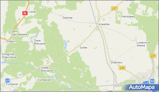 mapa Sułów gmina Rzepin, Sułów gmina Rzepin na mapie Targeo