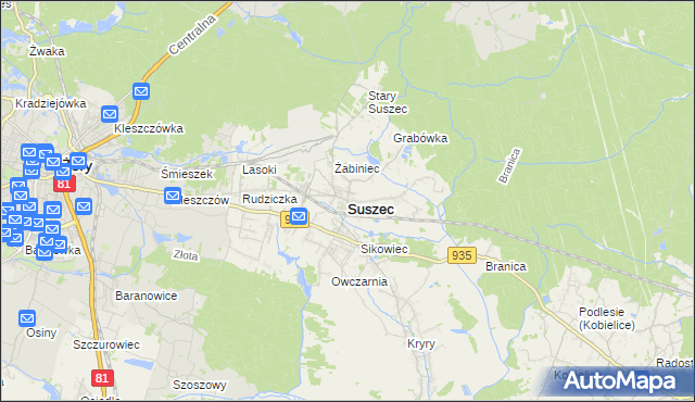 mapa Suszec powiat pszczyński, Suszec powiat pszczyński na mapie Targeo