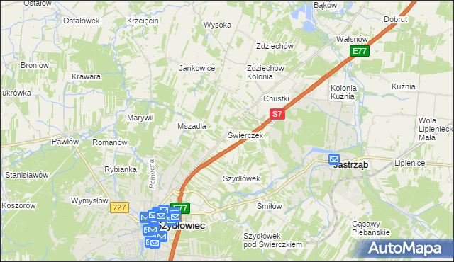 mapa Świerczek gmina Szydłowiec, Świerczek gmina Szydłowiec na mapie Targeo