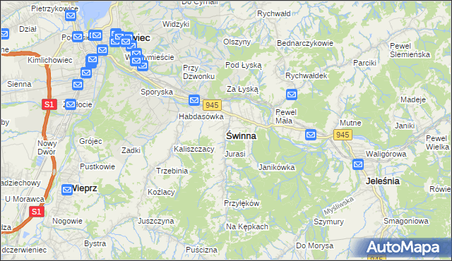 mapa Świnna powiat żywiecki, Świnna powiat żywiecki na mapie Targeo