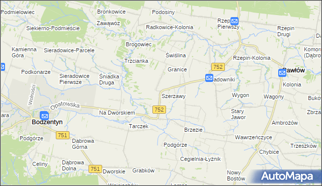 mapa Szerzawy gmina Pawłów, Szerzawy gmina Pawłów na mapie Targeo