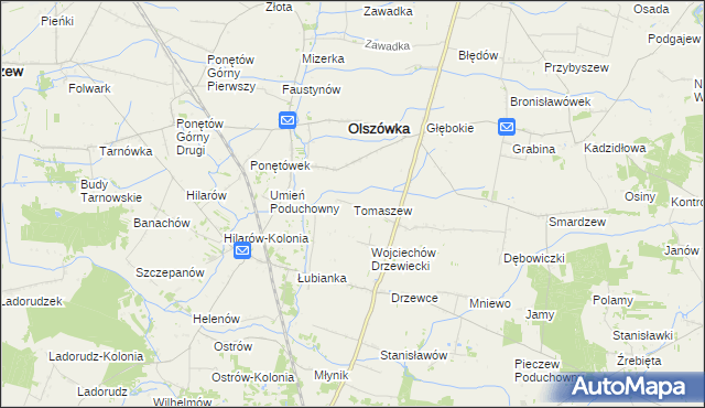mapa Tomaszew gmina Olszówka, Tomaszew gmina Olszówka na mapie Targeo