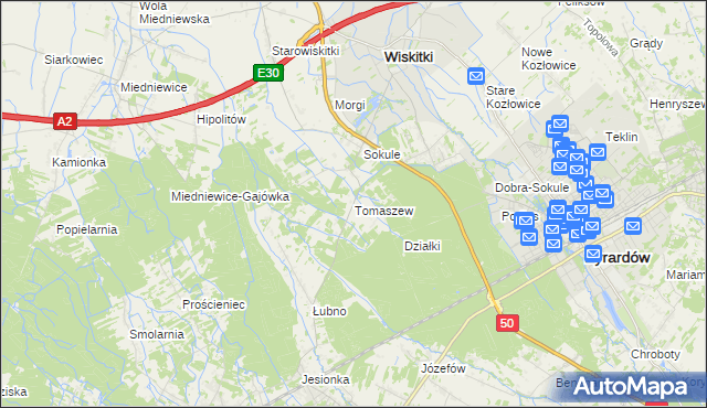 mapa Tomaszew gmina Wiskitki, Tomaszew gmina Wiskitki na mapie Targeo