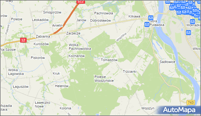 mapa Tomaszów gmina Puławy, Tomaszów gmina Puławy na mapie Targeo