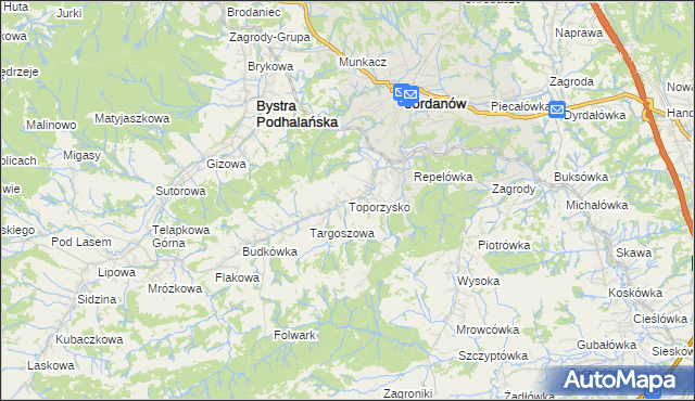 mapa Toporzysko gmina Jordanów, Toporzysko gmina Jordanów na mapie Targeo