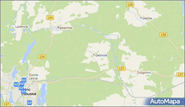 mapa Trześniów gmina Ośno Lubuskie, Trześniów gmina Ośno Lubuskie na mapie Targeo