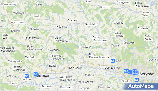 mapa Tułkowice gmina Wiśniowa, Tułkowice gmina Wiśniowa na mapie Targeo