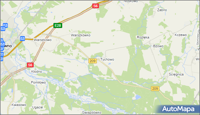 mapa Tychowo gmina Sławno, Tychowo gmina Sławno na mapie Targeo
