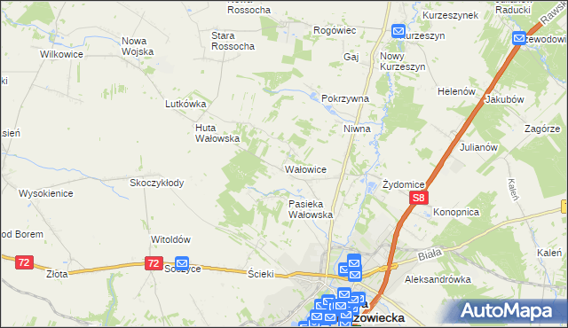 mapa Wałowice gmina Rawa Mazowiecka, Wałowice gmina Rawa Mazowiecka na mapie Targeo