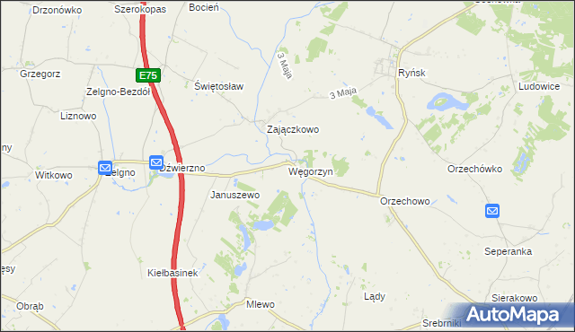 mapa Węgorzyn gmina Ryńsk, Węgorzyn gmina Ryńsk na mapie Targeo