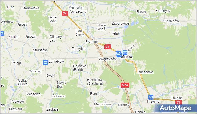 mapa Węgrzynów gmina Mniów, Węgrzynów gmina Mniów na mapie Targeo