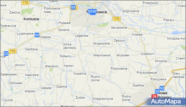 mapa Więckowice gmina Proszowice, Więckowice gmina Proszowice na mapie Targeo